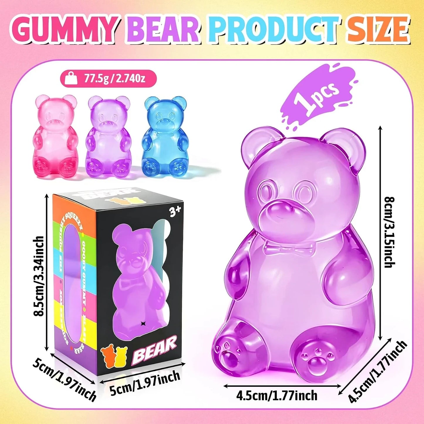 Gummy Bear Taba Squishies Fidget Toys, Stress Ball Relief, Sugar Squishies Gummy Bear Fidget Toys for Kids Adults, Slow Rising Sensory Stress Balls for Birthday Gifts Party Favors (Purple)