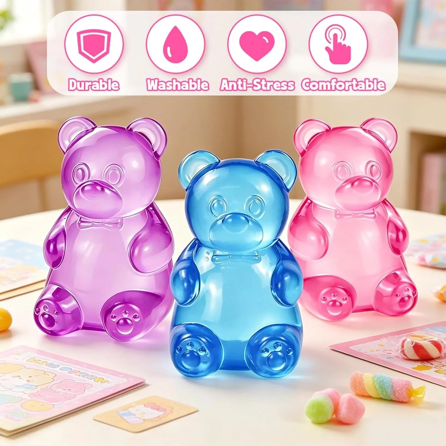 Gummy Bear Squishies Squeeze Toys for Kids Adults, Sugar Squishies Balls Stress Bear Toys for Boys Girls, Sensory Fidget Toys Anxiety Relief for Autism, Party Favors Gifts, Valentines Day Gifts (Pink)
