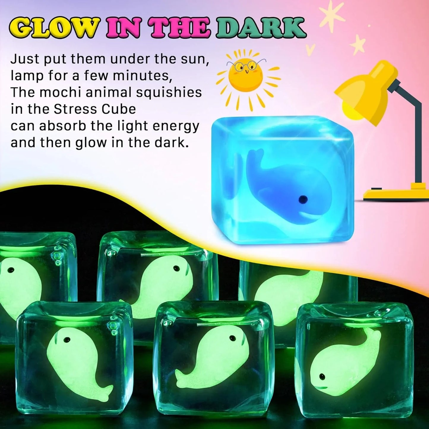 Stress Cube Squishy Fidget Toys Kids Adults - Glow in The Dark Whale Squish Toy Sensory Toys for Kids with Autism Stress Balls for Kids Squeeze Toys for Anxiety Stress Relief Easter Basket Stuffers
