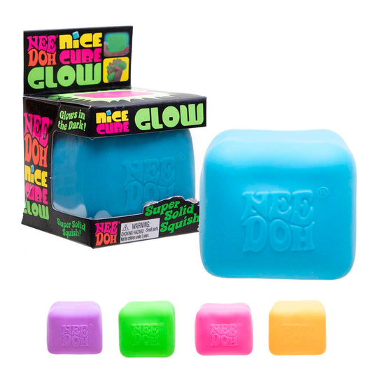 Schylling NeeDoh Nice Cube Glow - Squeeze Toy with a Super Solid Squish - Glows in The Dark - 2.25" Cube - Color May Vary (Pack of 1)
